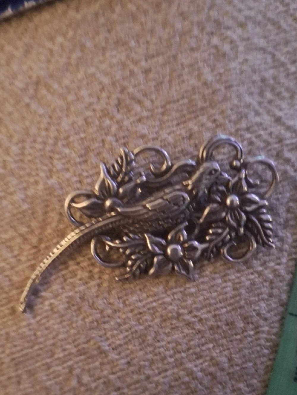 Vintage Silver-Tone Parrot Floral Brooch -